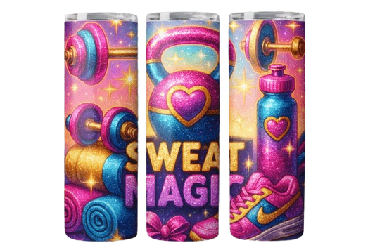 "Sweat Magic" 20oz Skinny Tumbler – Glitter Fitness Edition